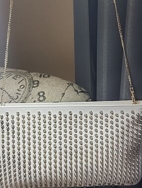 Authentic Christian Louboutin White Leather Spiked Clutch With Chain